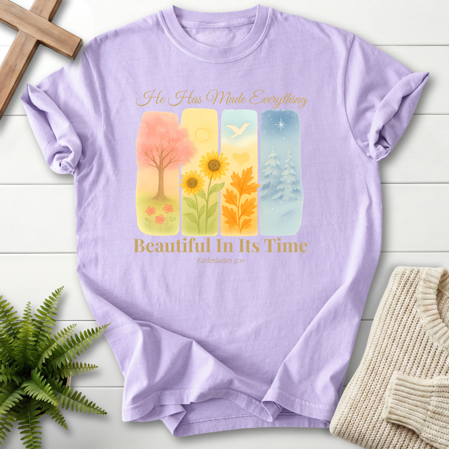 Orchid women's faith t-shirt with a four-seasons watercolor graphic, inspired by Ecclesiastes 3:11.