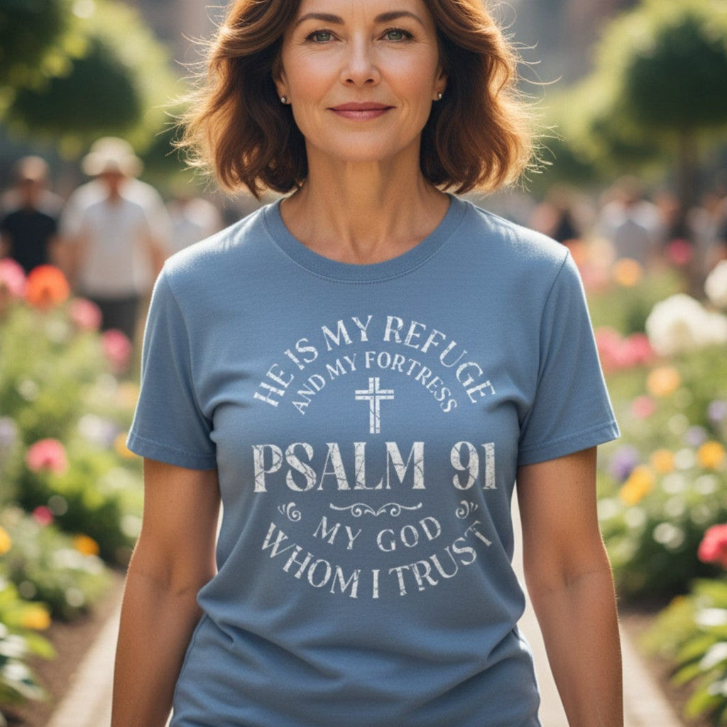 Smiling woman outdoors wearing a Comfort Colors 1717 blue jean “He Is My Refuge and My Fortress – Psalm 91 My God Whom I Trust” t-shirt. A modern Christian shirt expressing strength and trust in God — elegant women’s scripture tee and Christian mom gift idea.