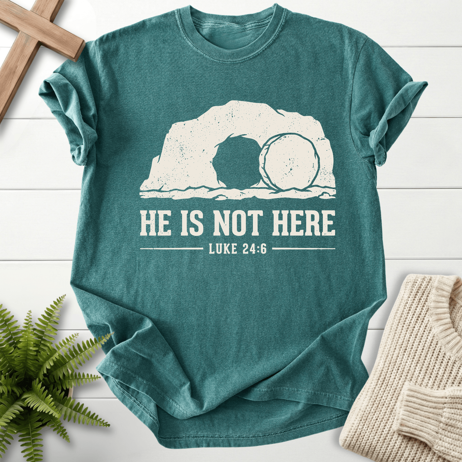 HE IS NOT HERE Here T-Shirt in Blue Spruce | She Wears Faith