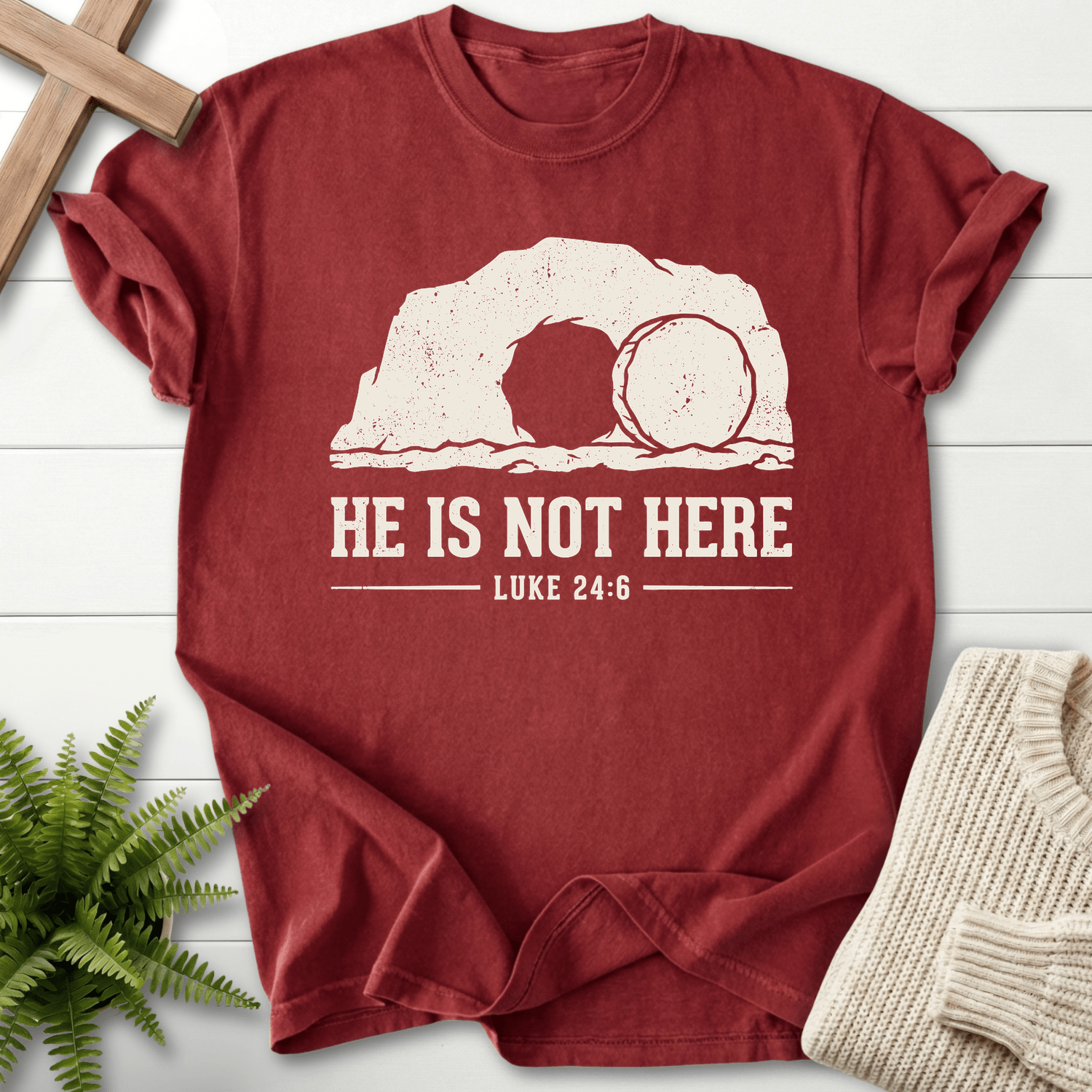 HE IS NOT HERE Here T-Shirt in Brick | She Wears Faith