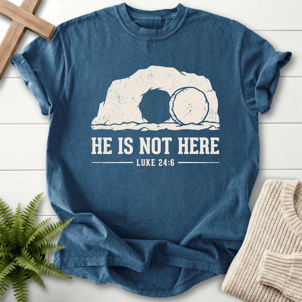 HE IS NOT HERE Here T-Shirt in Midnight | She Wears Faith