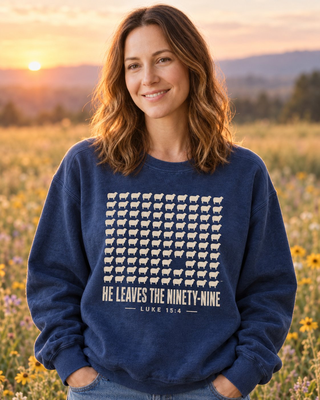 He Leaves the Ninety-Nine – True Navy women's Christian sweatshirt, lifestyle photo in wildflower meadow at sunrise – Grid of 99 sheep above HE LEAVES THE NINETY-NINE – She Wears Faith