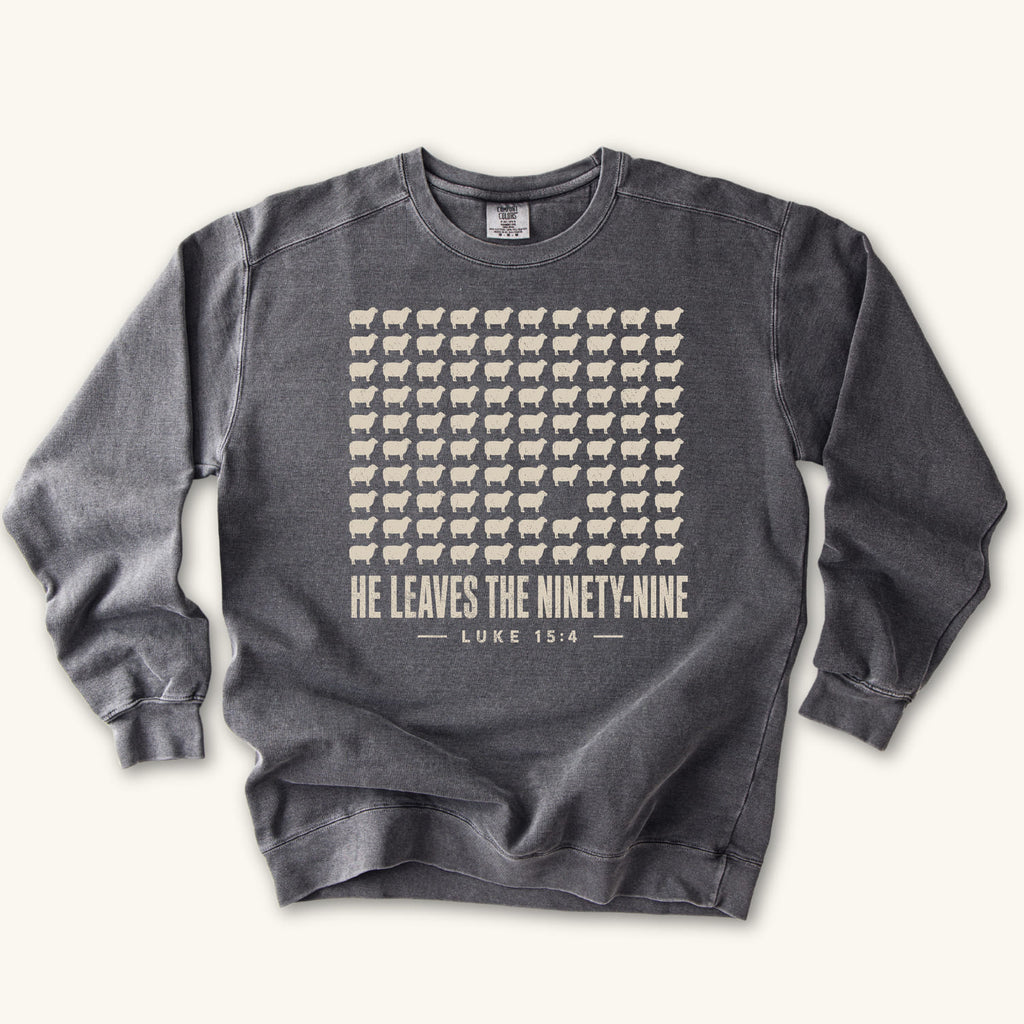 Pepper He Leaves the Ninety-Nine sweatshirt flat lay mockup, Luke 15:4 Christian apparel for women