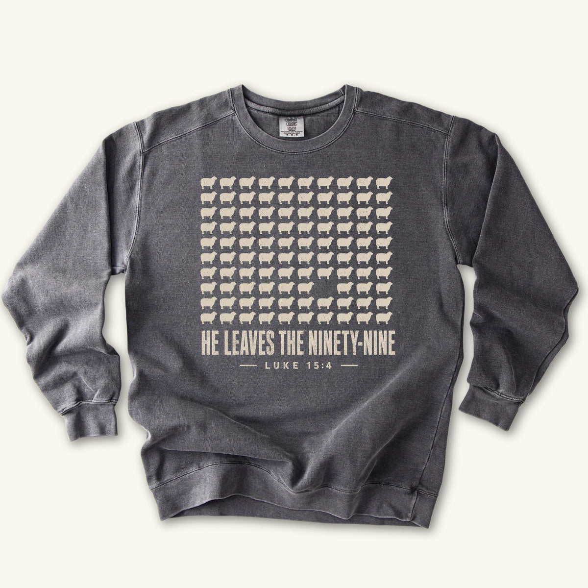 Pepper He Leaves the Ninety-Nine sweatshirt flat lay mockup, Luke 15:4 Christian apparel for women