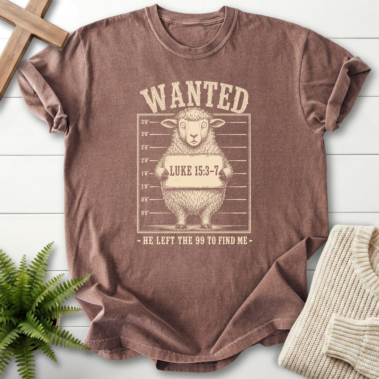 Espresso color option for the He Left the 99 to Find me Bible verse tee with "He Left the 99 to Find me Dark T-Shirt" Luke 15:3-7.