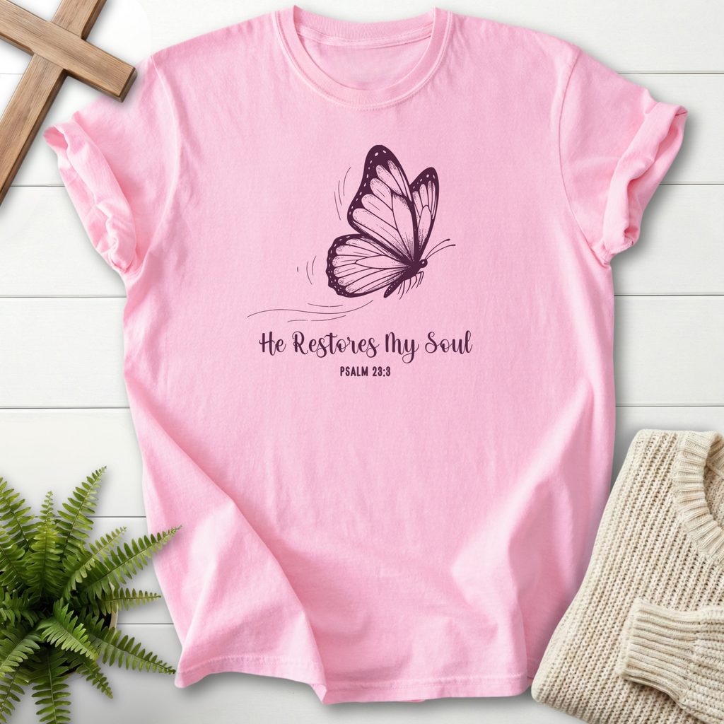 Blossom women's Christian t-shirt with butterfly art and "He Restores My Soul" script, inspired by Psalm 23:3