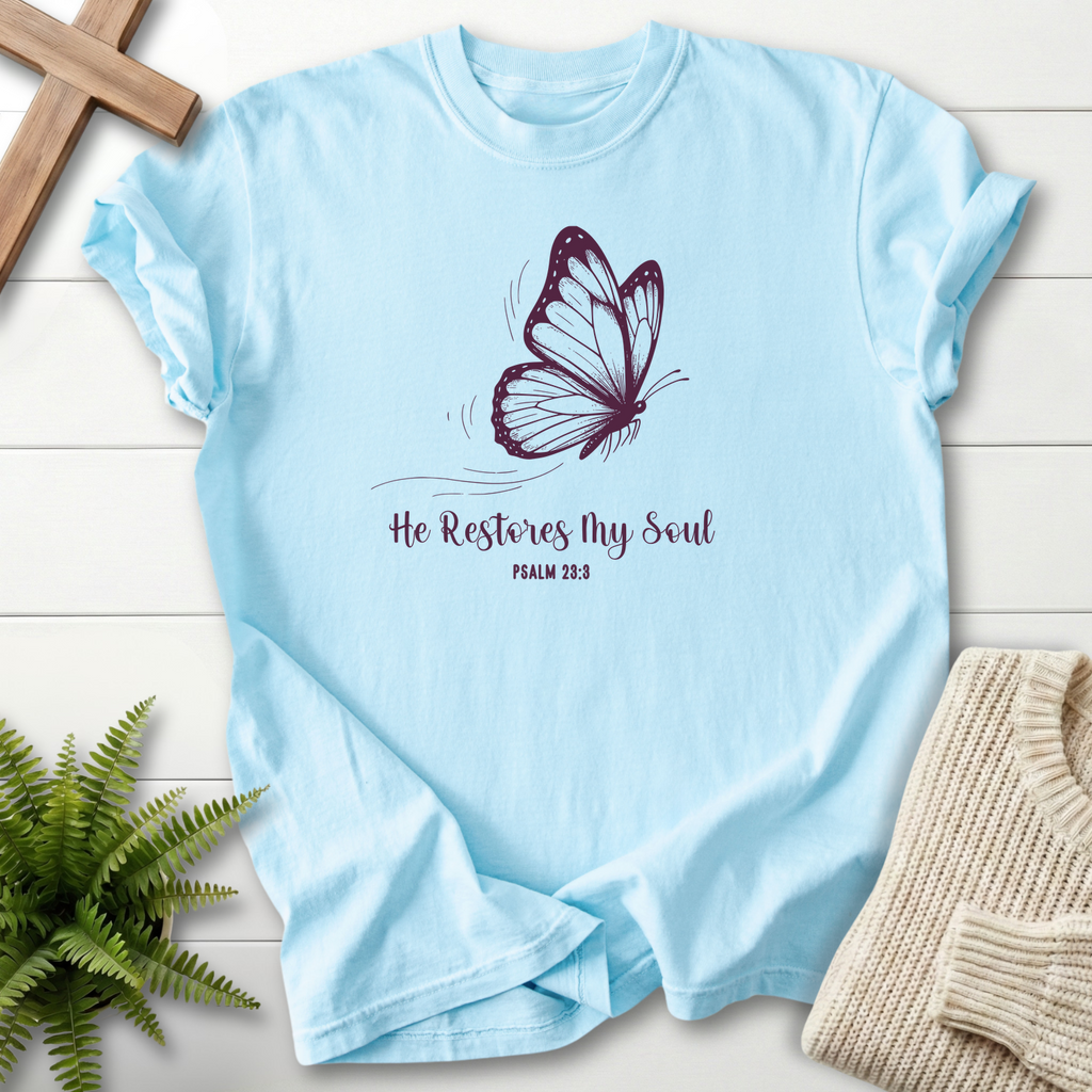 Chambray women's Christian t-shirt with a purple butterfly illustration and "He Restores My Soul," inspired by Psalm 23:3