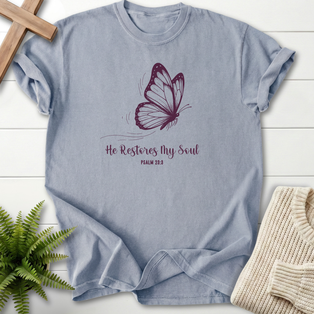 Granite women's Christian t-shirt with monarch butterfly artwork and "He Restores My Soul," inspired by Psalm 23:3