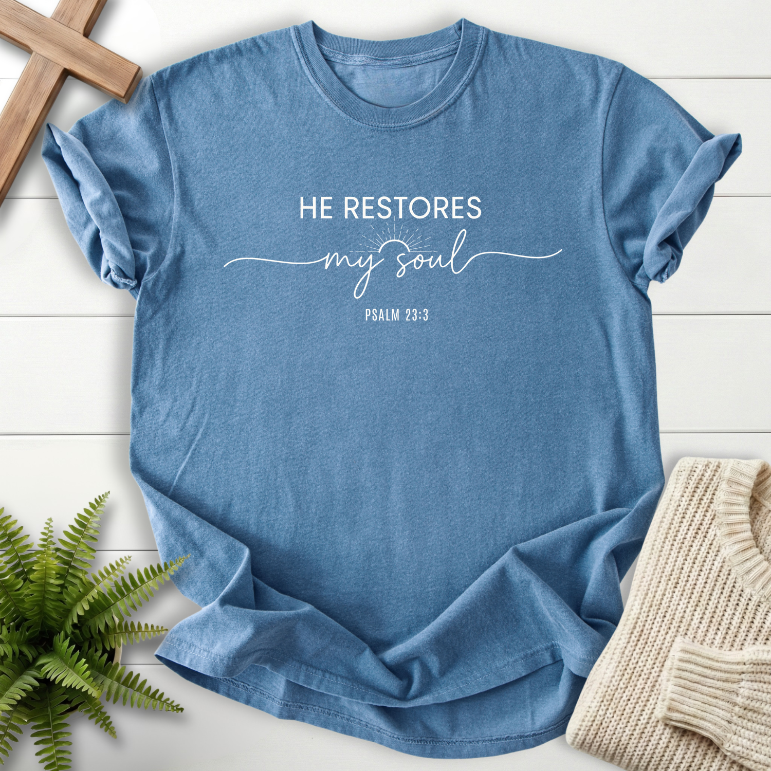 Blue Jean women's Christian t-shirt with mixed typography and a radiant sun detail, inspired by Psalm 23:3