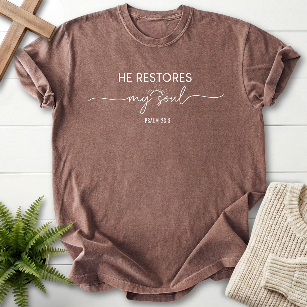 Espresso women's Christian t-shirt with a sunburst motif and "He Restores My Soul," inspired by Psalm 23:3
