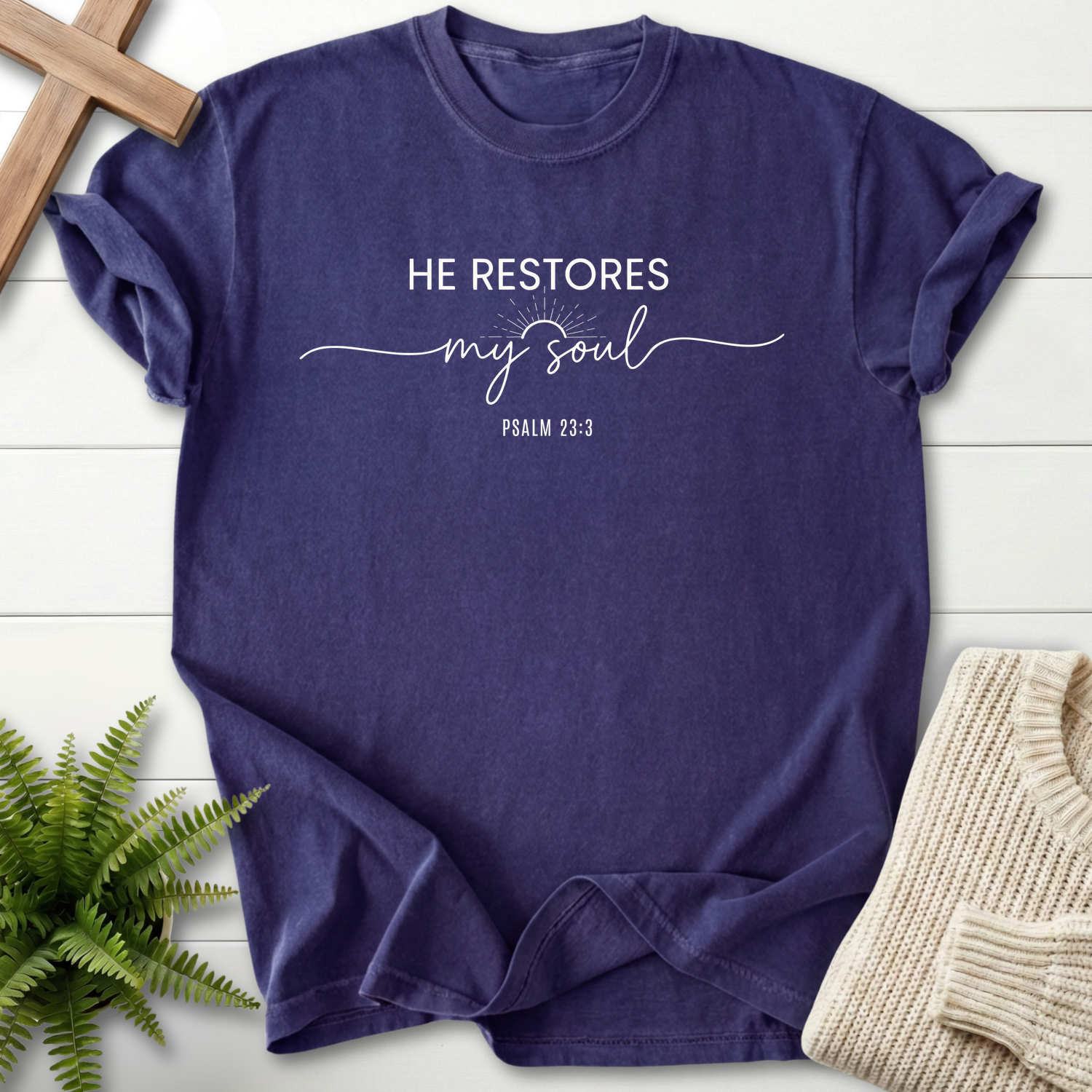 Grape women's Christian t-shirt with bold type, cursive script, and "He Restores My Soul," inspired by Psalm 23:3