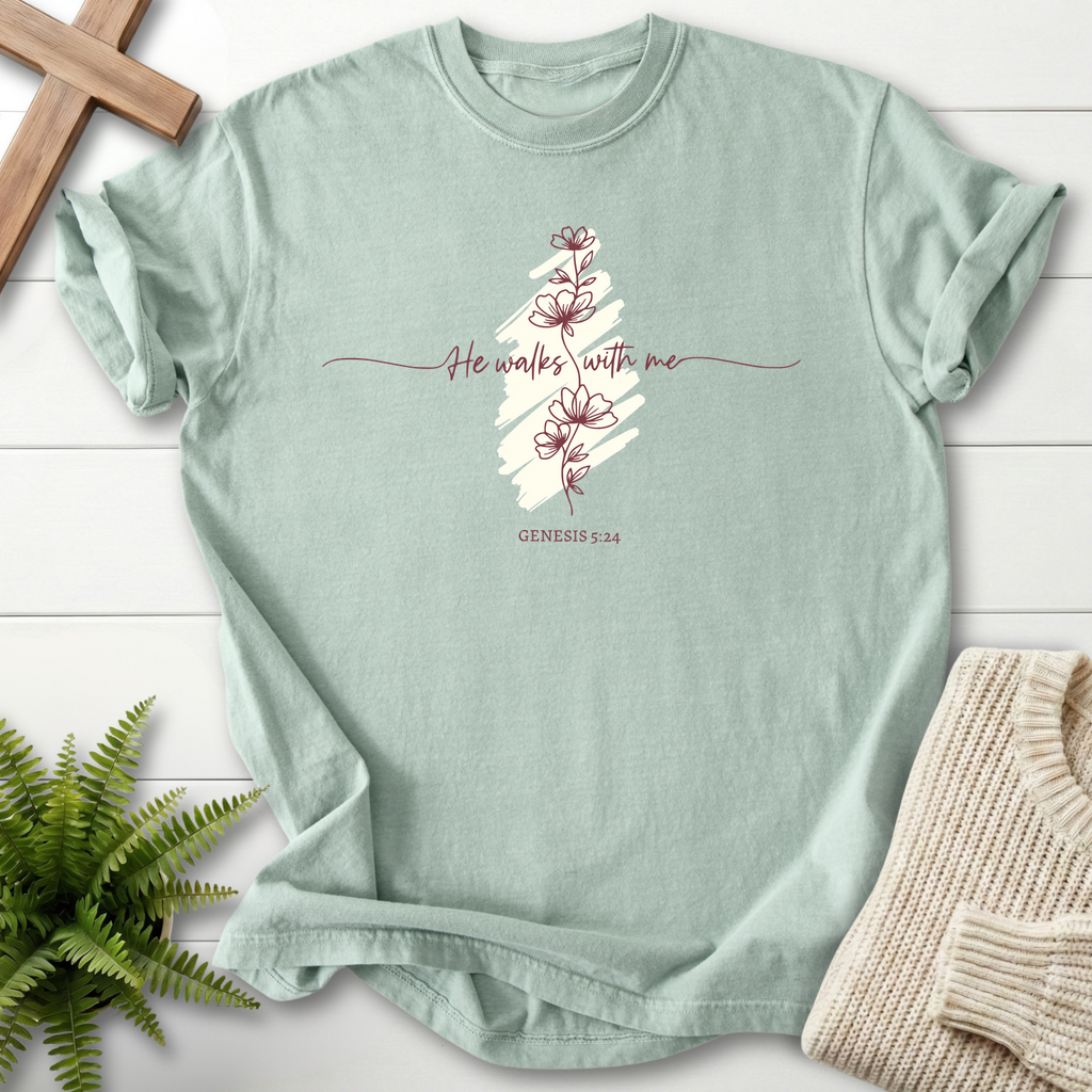 Bay women's Christian t-shirt with floral line art over a brushstroke stripe and "He Walks With Me," inspired by Genesis 5:24