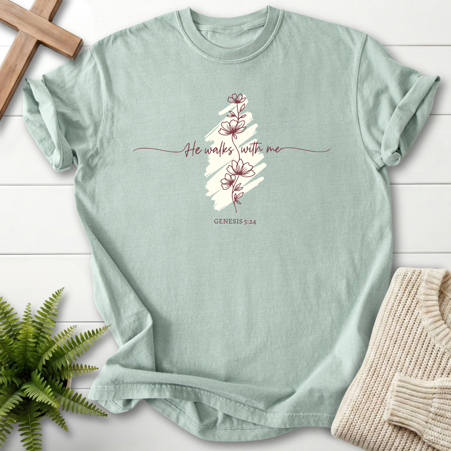 Bay women's Christian t-shirt with floral line art over a brushstroke stripe and "He Walks With Me," inspired by Genesis 5:24