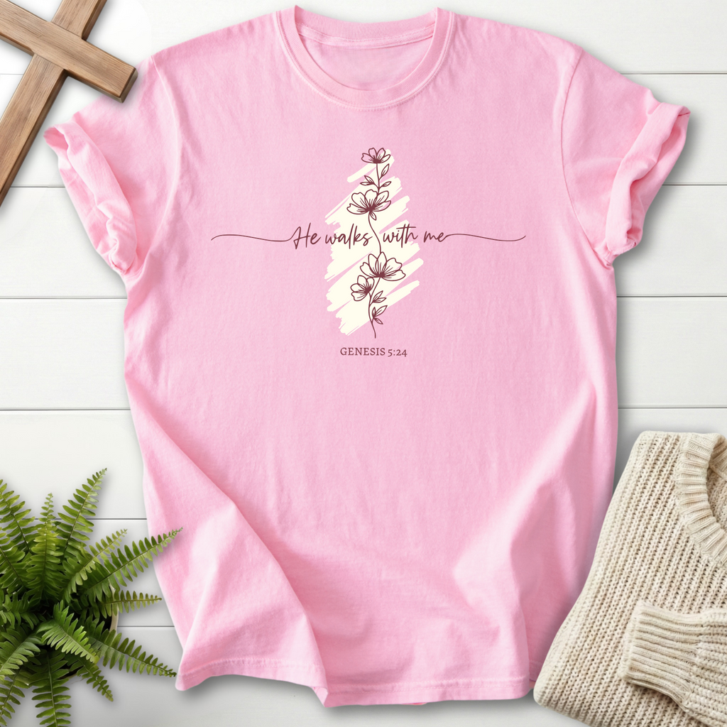 Blossom women's Christian t-shirt with cursive "He Walks With Me" lettering and a botanical flower sketch, inspired by Genesis 5:24