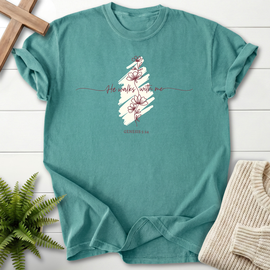 Chalky Mint women's Christian t-shirt with a brushstroke accent and delicate wildflower art, inspired by Genesis 5:24
