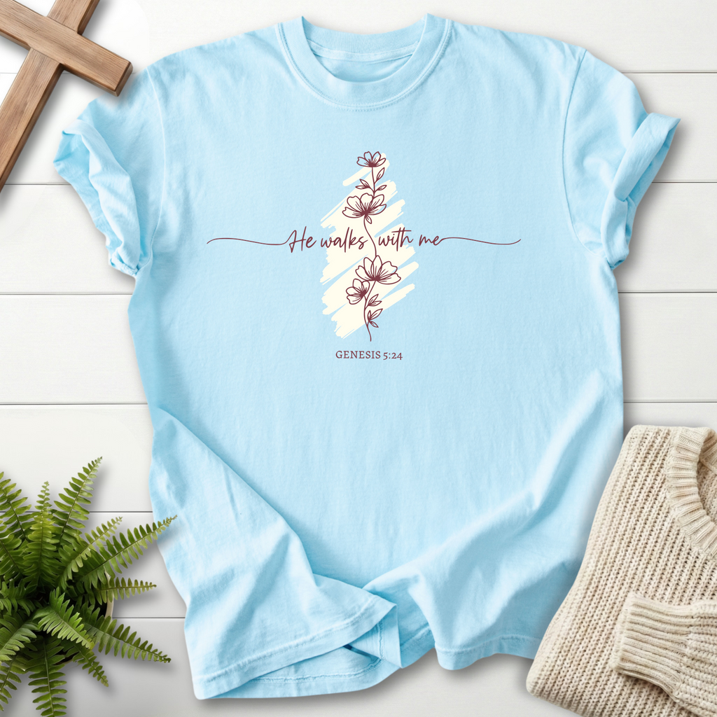 Chambray women's Christian t-shirt with cursive lettering and a minimalist floral design, inspired by Genesis 5:24