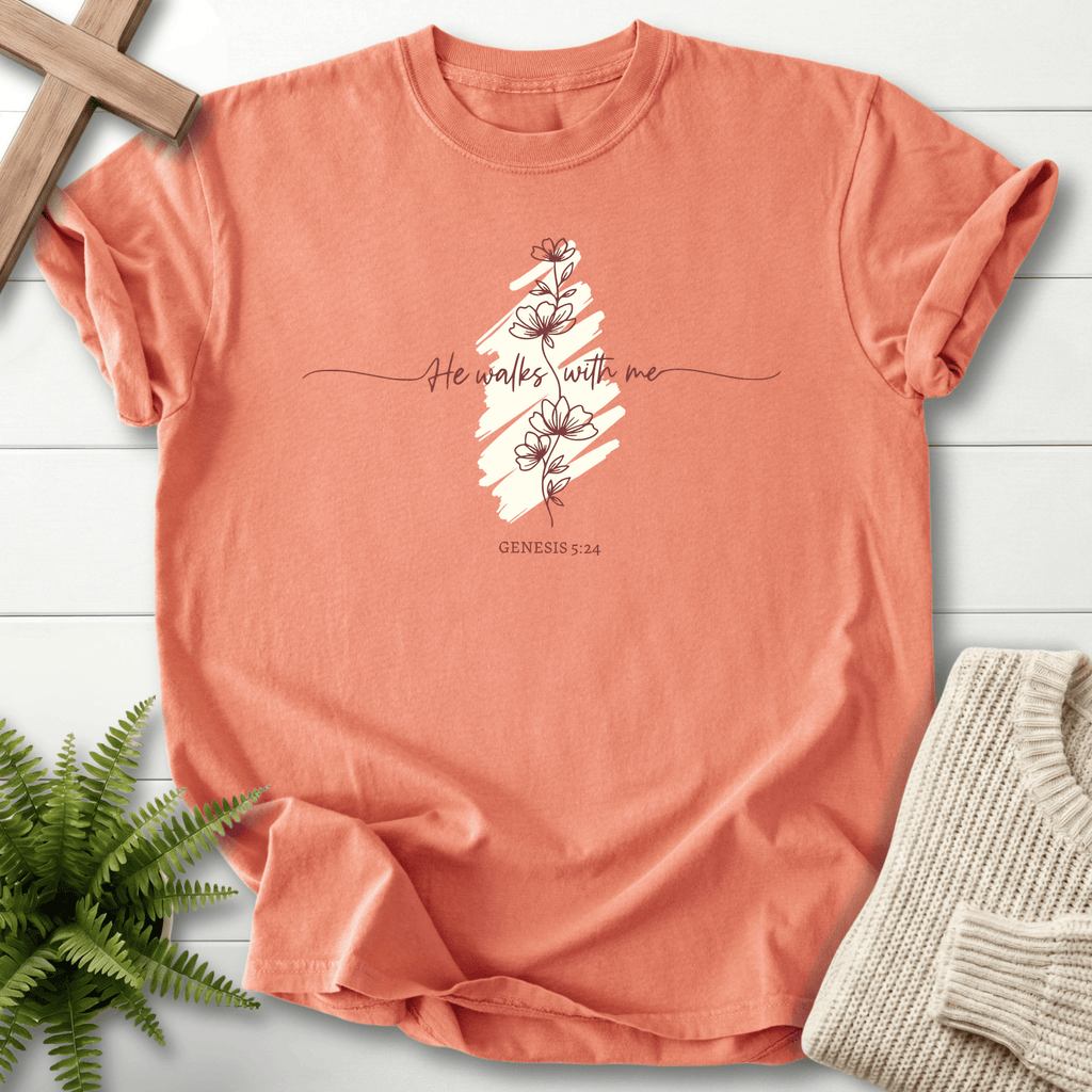 Terracotta women's Christian t-shirt with botanical line-art flowers and "He Walks With Me," inspired by Genesis 5:24
