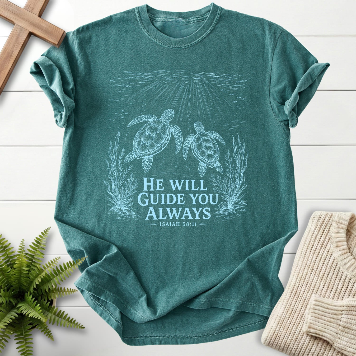Blue Spruce color option for the He Will Guide You Always Christian shirt with vine and grape artwork with "He Will Guide You Always Isaiah 58:11 T-S.