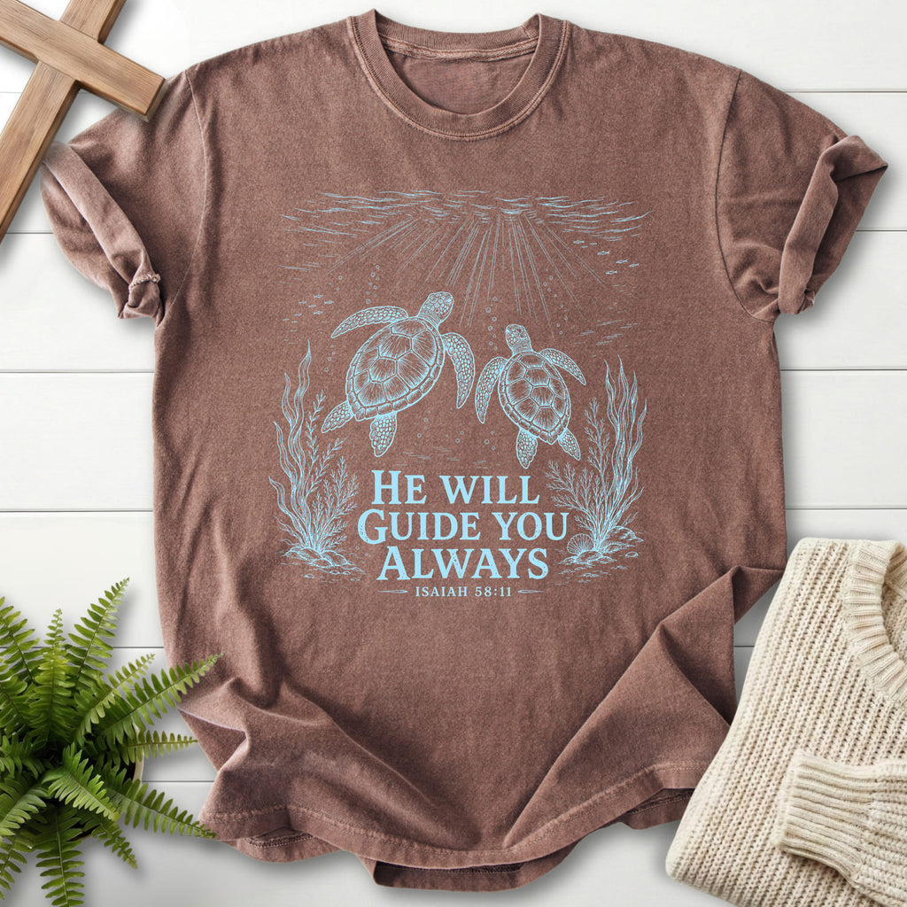 Flat lay of an Espresso Christian t-shirt for women featuring vine and grape artwork with "He Will Guide You Always Isaiah 58:11 T-Shirt" Isaiah 58:1.