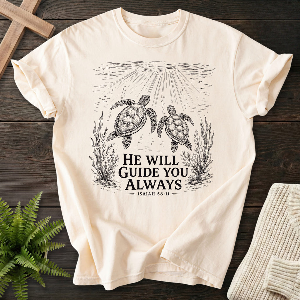 Flatlay of an Ivory faith-based tee with vine and grape artwork with "He Will Guide You Always Isaiah 58:11 T-Shirt" Isaiah 58:11.