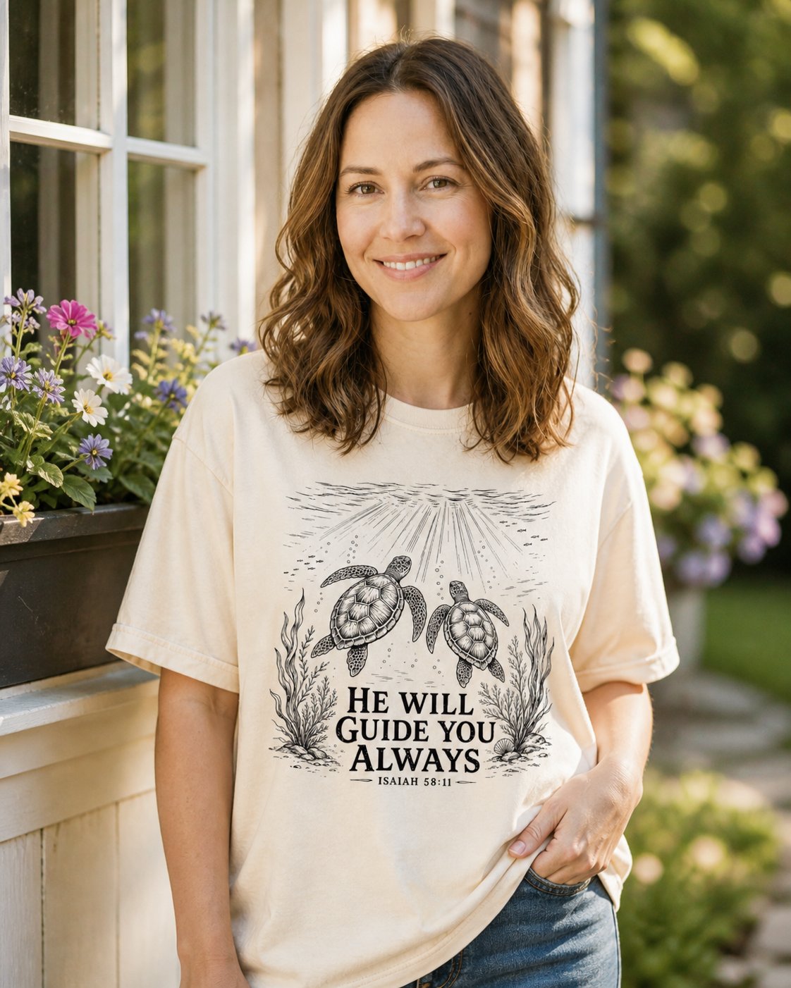 He Will Guide You Always – Ivory women's Christian tee, lifestyle photo in cottage doorway – Two sea turtles swimming beneath sunlit water – Isaiah 58:11 – She Wears Faith