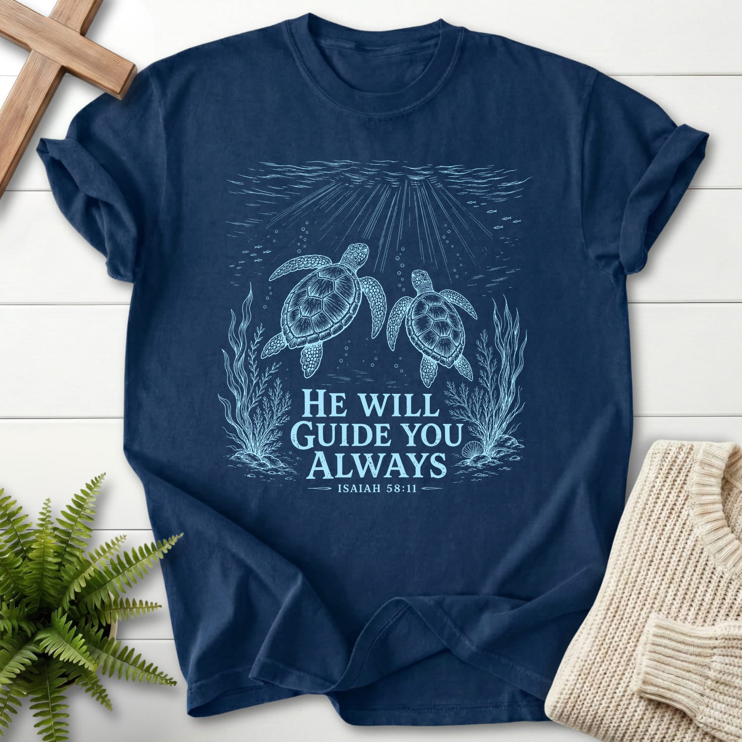 Navy color option for the He Will Guide You Always Scripture shirt with vine and grape artwork with "He Will Guide You Always Isaiah 58:11 T-Shirt" I.