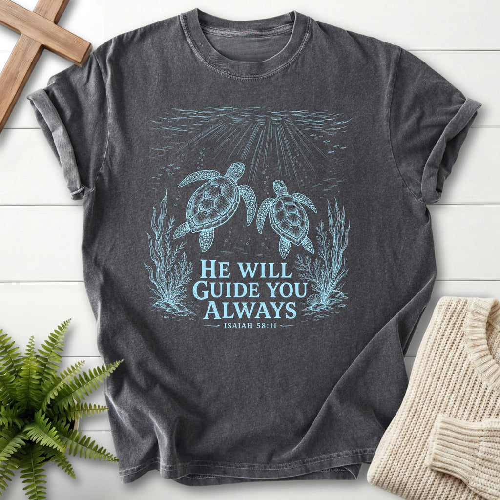 Flat lay of a Pepper Bible verse tee featuring vine and grape artwork with "He Will Guide You Always Isaiah 58:11 T-Shirt" Isaiah 58:11.