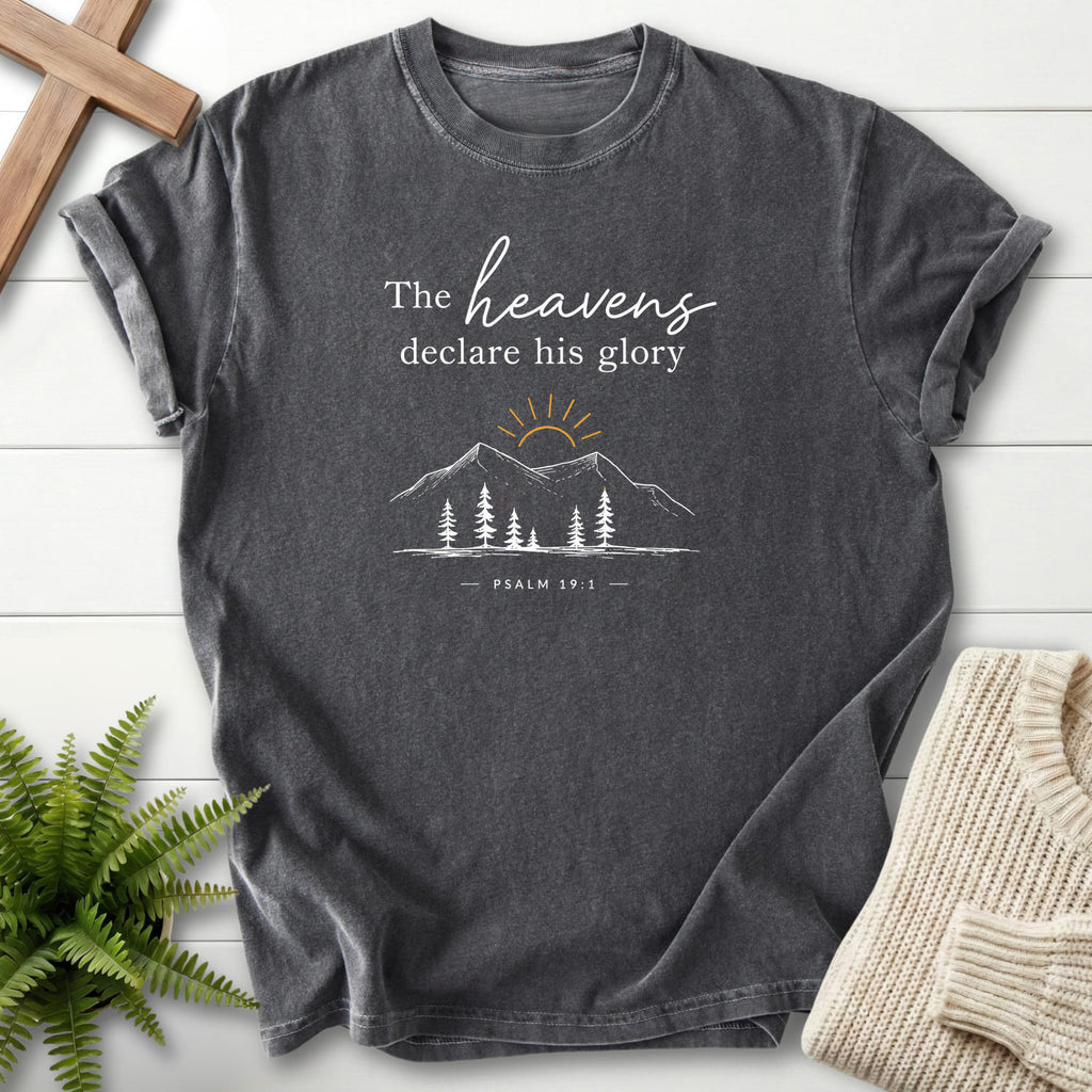 Pepper color option for the Heavens Declare His Glory Bible verse tee with sunrise graphic with "Heavens Declare His Glory Dark T-Shirt" Psalm 19:1.