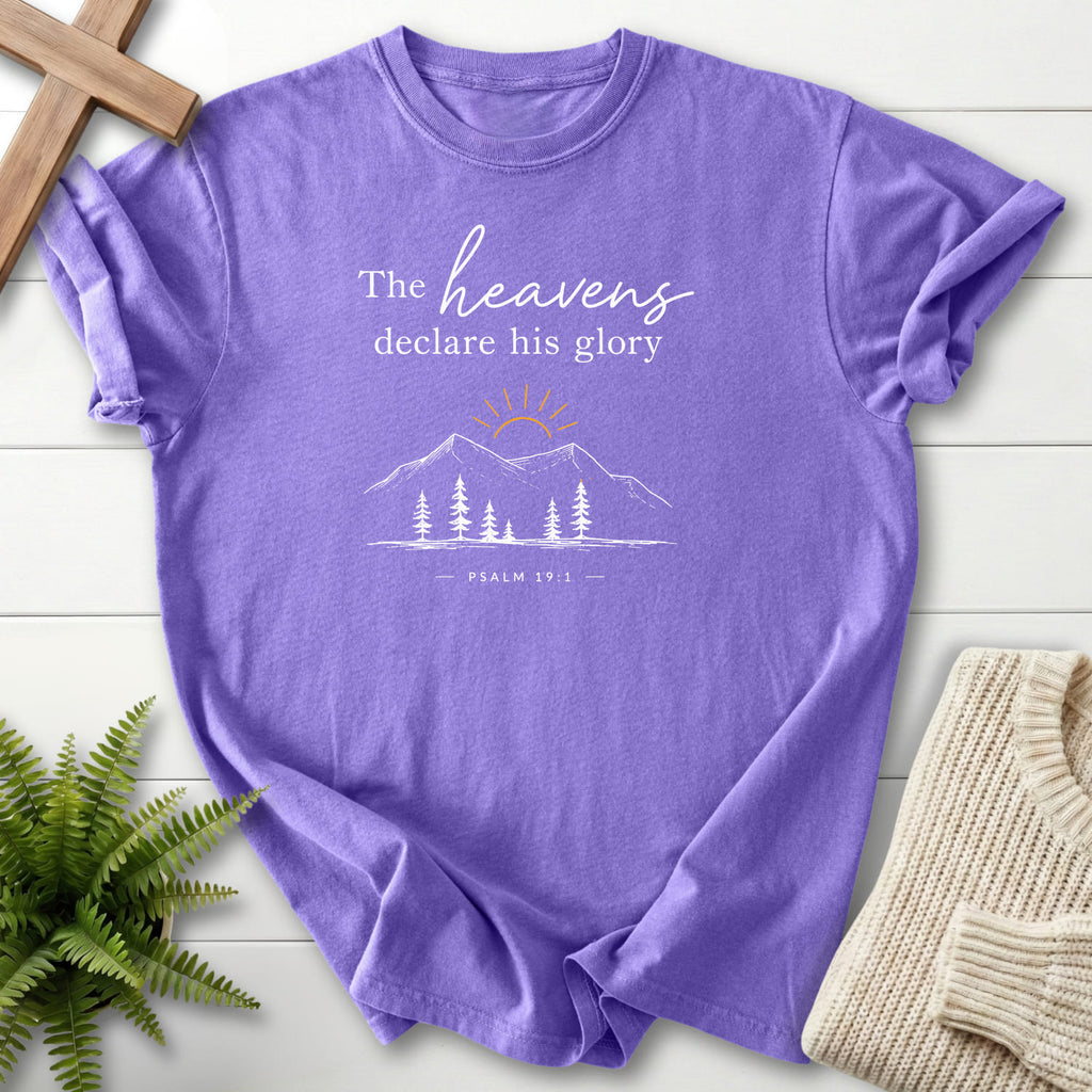 Violet color option for the Heavens Declare His Glory tee with sunrise graphic with "Heavens Declare His Glory Dark T-Shirt" Psalm 19:1 from Printify.