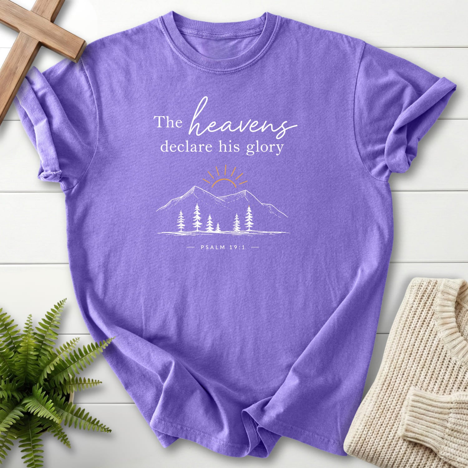 Violet color option for the Heavens Declare His Glory tee with sunrise graphic with "Heavens Declare His Glory Dark T-Shirt" Psalm 19:1 from Printify.