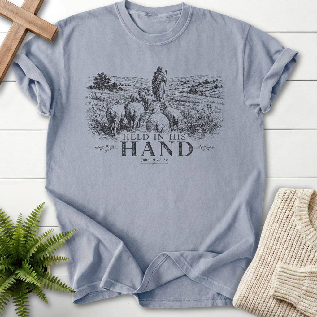 Granite color option for the Held in His Hand tee with "Held in His Hand T-Shirt" John 10:27-30 for women's faith apparel.