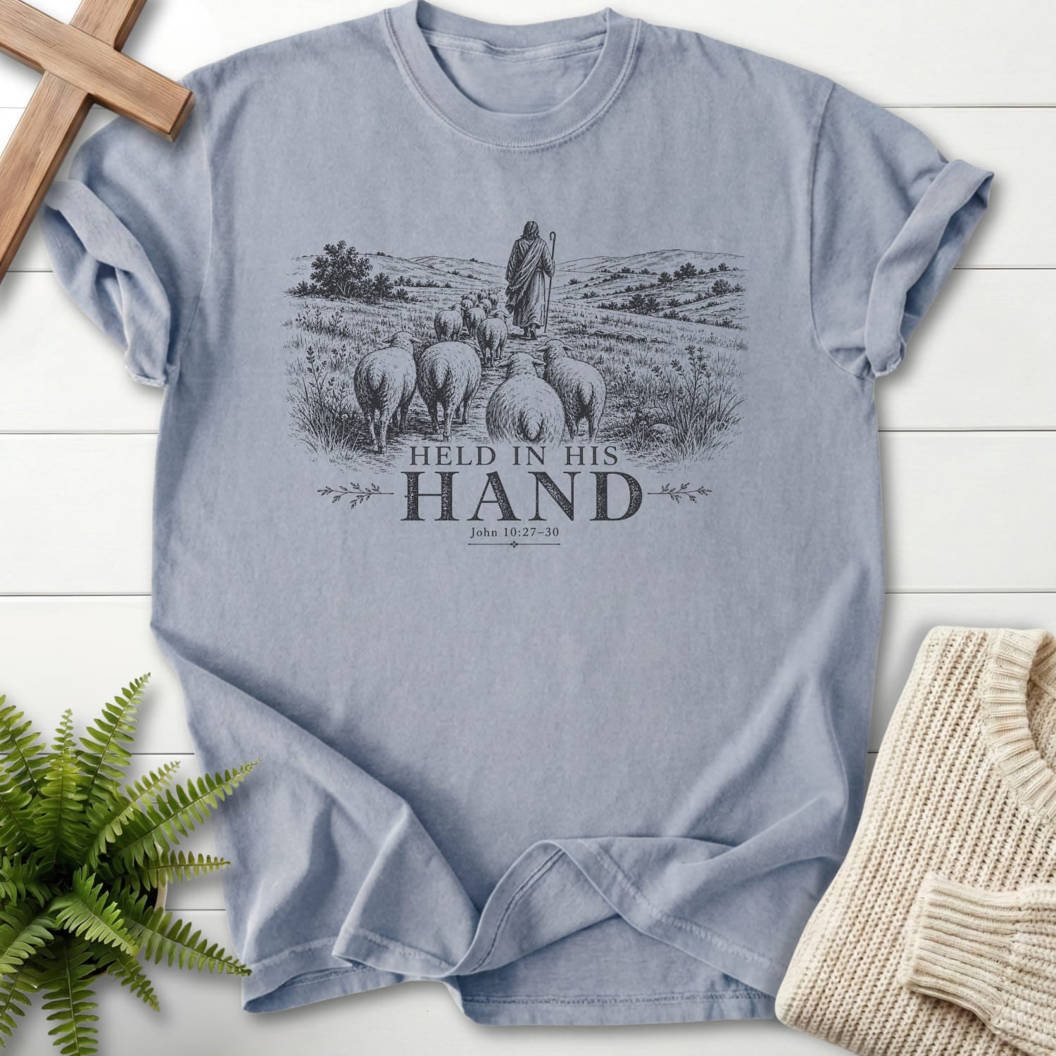 Granite color option for the Held in His Hand tee with "Held in His Hand T-Shirt" John 10:27-30 for women's faith apparel.