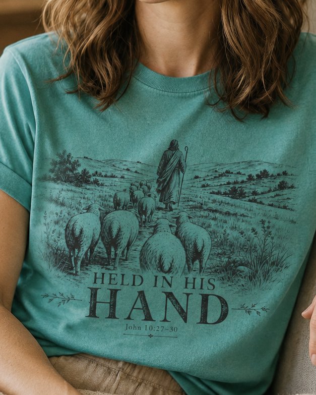 Held in HIs Hand - Seafoam women's Christian tee, lifestyle photo in cozy living room - Shepherd with a staff leading a flock across open fields - John 10:27-30 - She Wears Faith