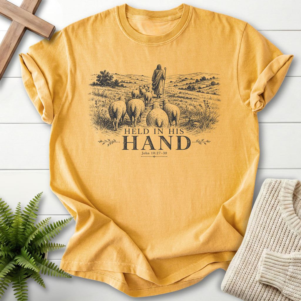 Mustard color option for the Held in His Hand women's Christian tee with "Held in His Hand T-Shirt" John 10:27-30.