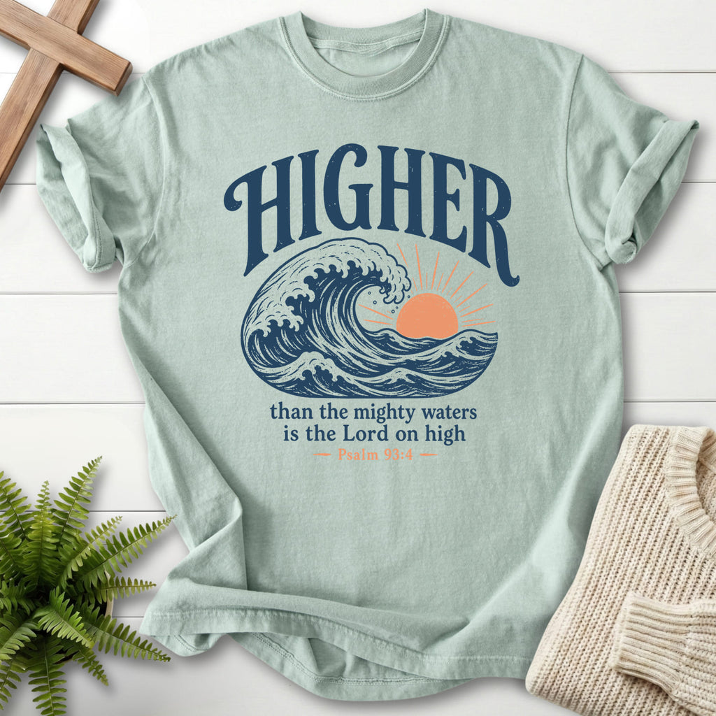 Flat lay of a Bay women's Christian tee featuring sunrise graphic with "Higher Than the Mighty Waters T-Shirt".