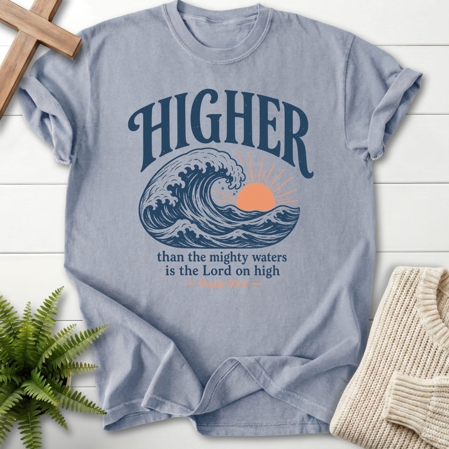Granite color option for the Higher Than the Mighty Waters Christian shirt with sunrise graphic with "Higher Than the Mighty Waters T-Shirt".