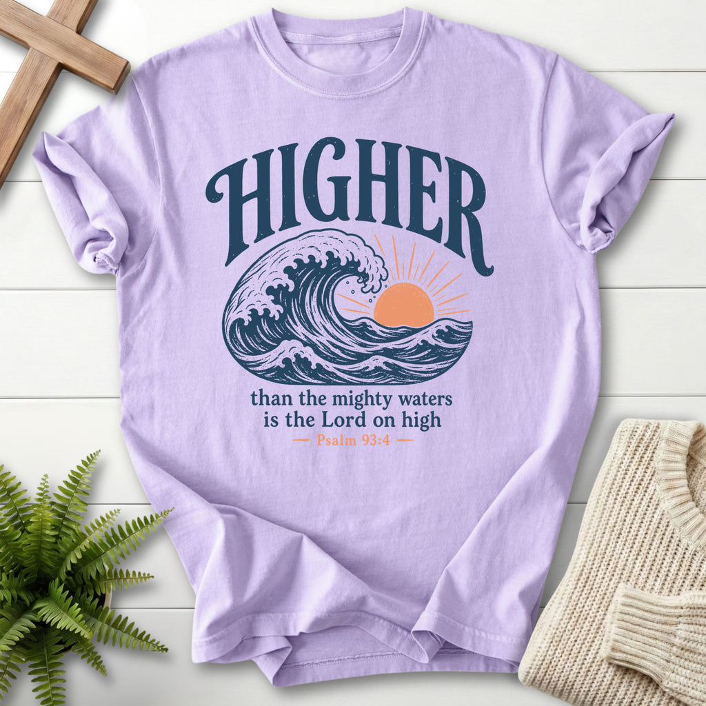 Orchid color option for the Higher Than the Mighty Waters tee with sunrise graphic with "Higher Than the Mighty Waters T-Shirt" from Printify.