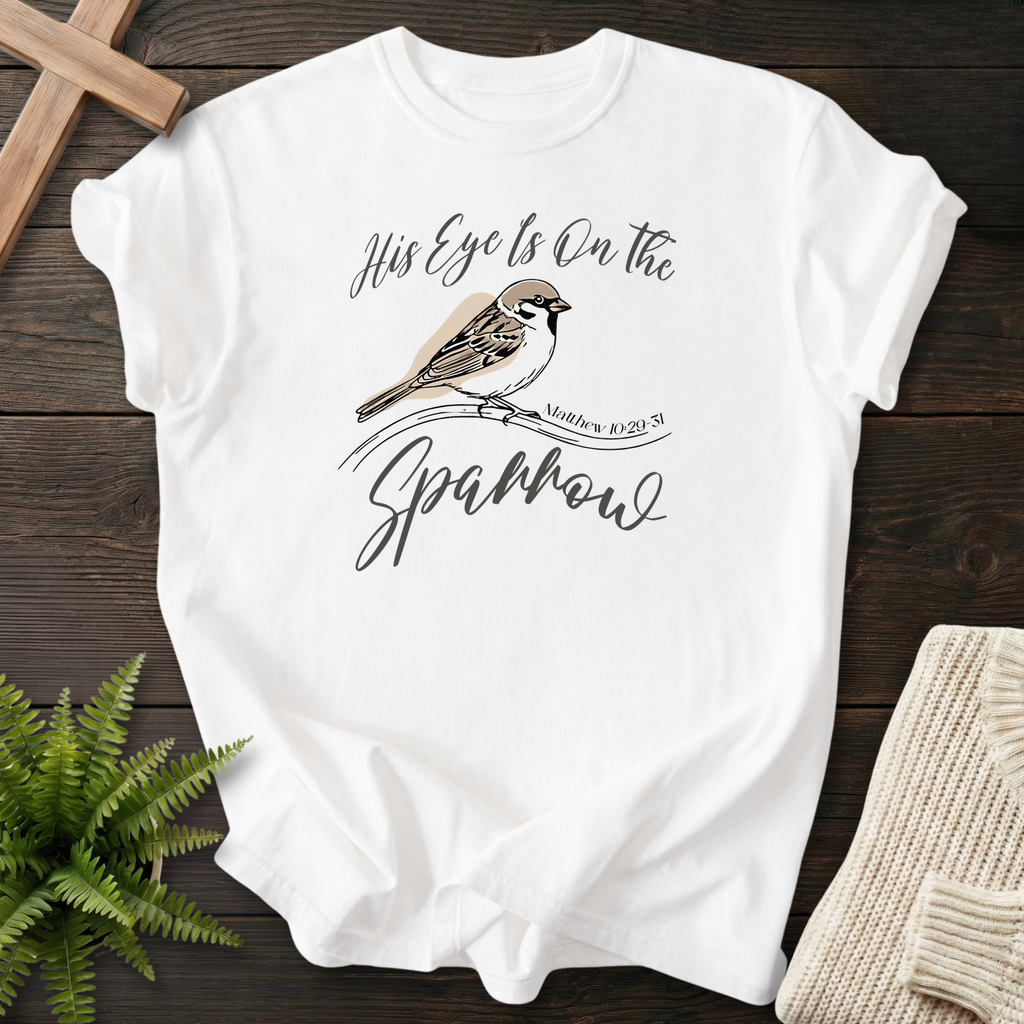 White women's Christian t-shirt with detailed sparrow art, inspired by Matthew 10:29-31