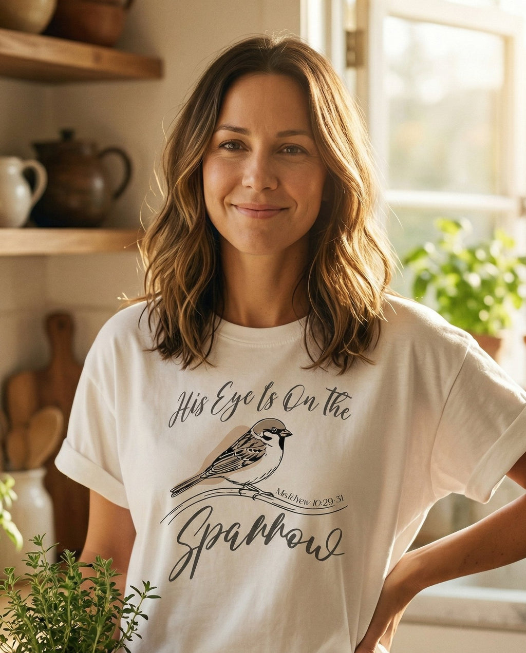 His Eye is on the Sparrow – White women's Christian tee, lifestyle photo in morning kitchen setting – Detailed illustration of a sparrow perched on a branch surrounded by f – Matthew 10:29-31 – She Wears Faith
