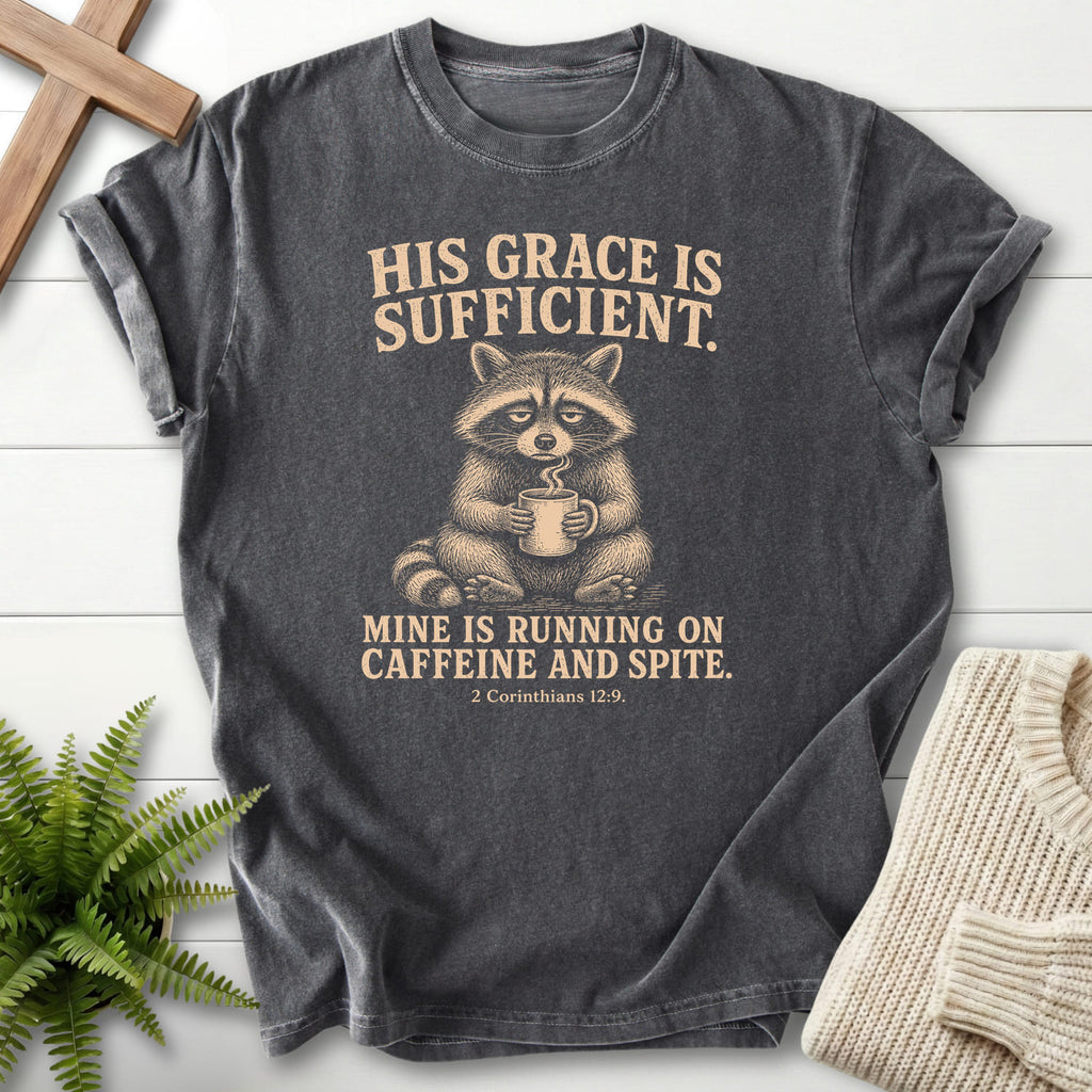 Pepper color option for the His Grace Is Sufficient Raccoon Scripture shirt with "His Grace Is Sufficient Raccoon T-Shirt" 2 Corinthians 12:9.