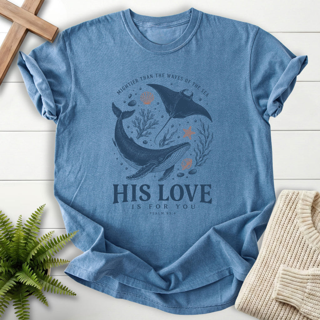 Flatlay of a Blue Jean Bible verse tee with minimal whale artwork with "His Love Is For You Psalm 93 4 T-Shirt" Psalm 93:4.