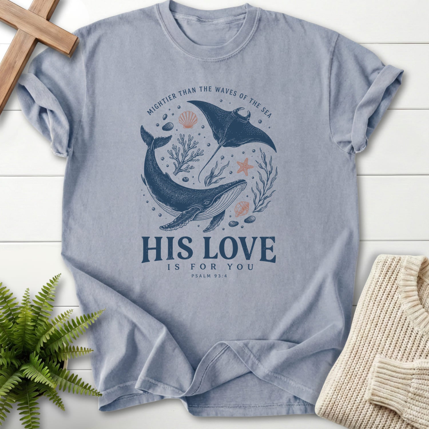 Flat lay of a Granite Christian tee featuring minimal whale artwork with "His Love Is For You Psalm 93 4 T-Shirt" Psalm 93:4 From Printify.