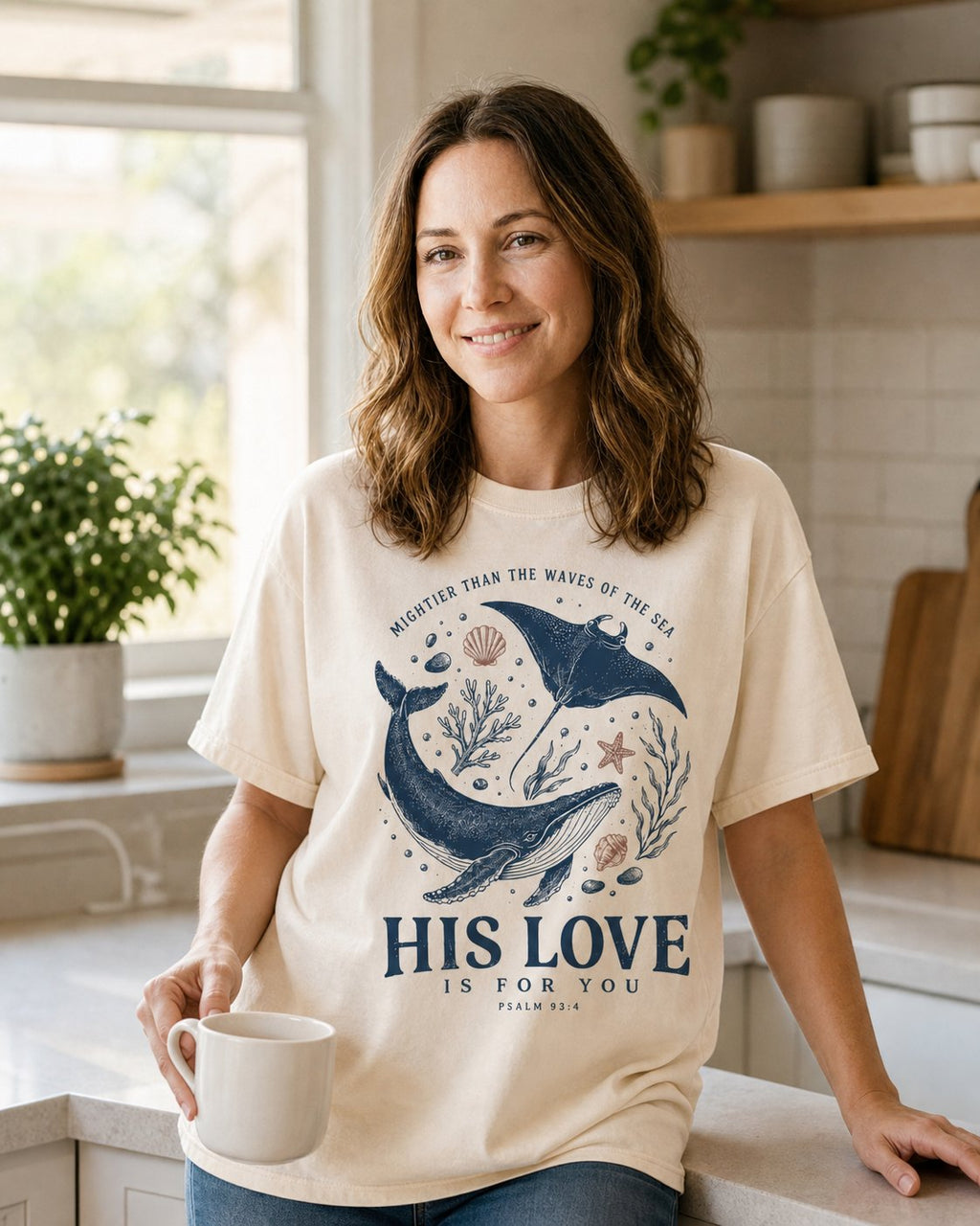 His Love Is For You Psalm 93:4 – Ivory women's Christian tee, lifestyle photo in morning kitchen setting – Humpback whale and manta ray in a nautical emblem – Psalm 93:4 – She Wears Faith