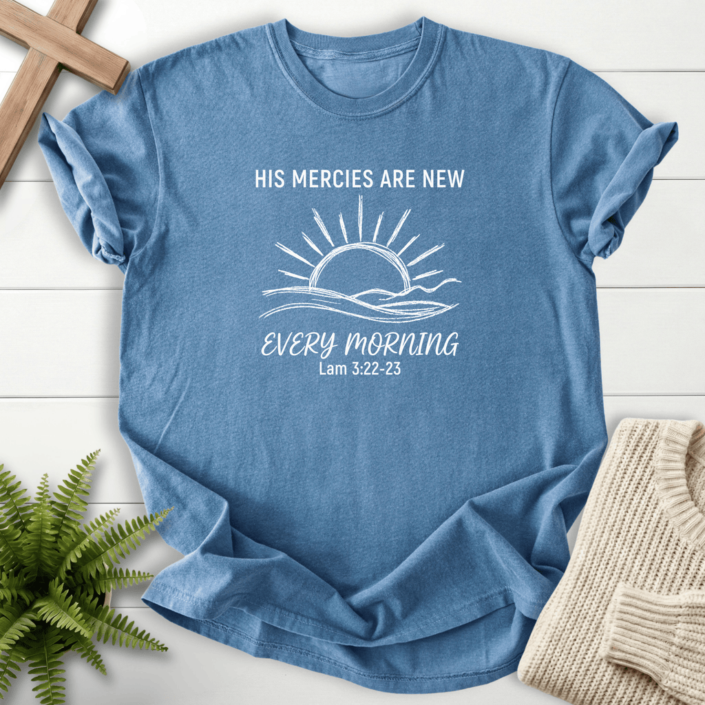 Blue Jean women's Christian t-shirt with line-art dawn scene and "His Mercies Are New Every Morning," inspired by Lamentations 3:22-23.