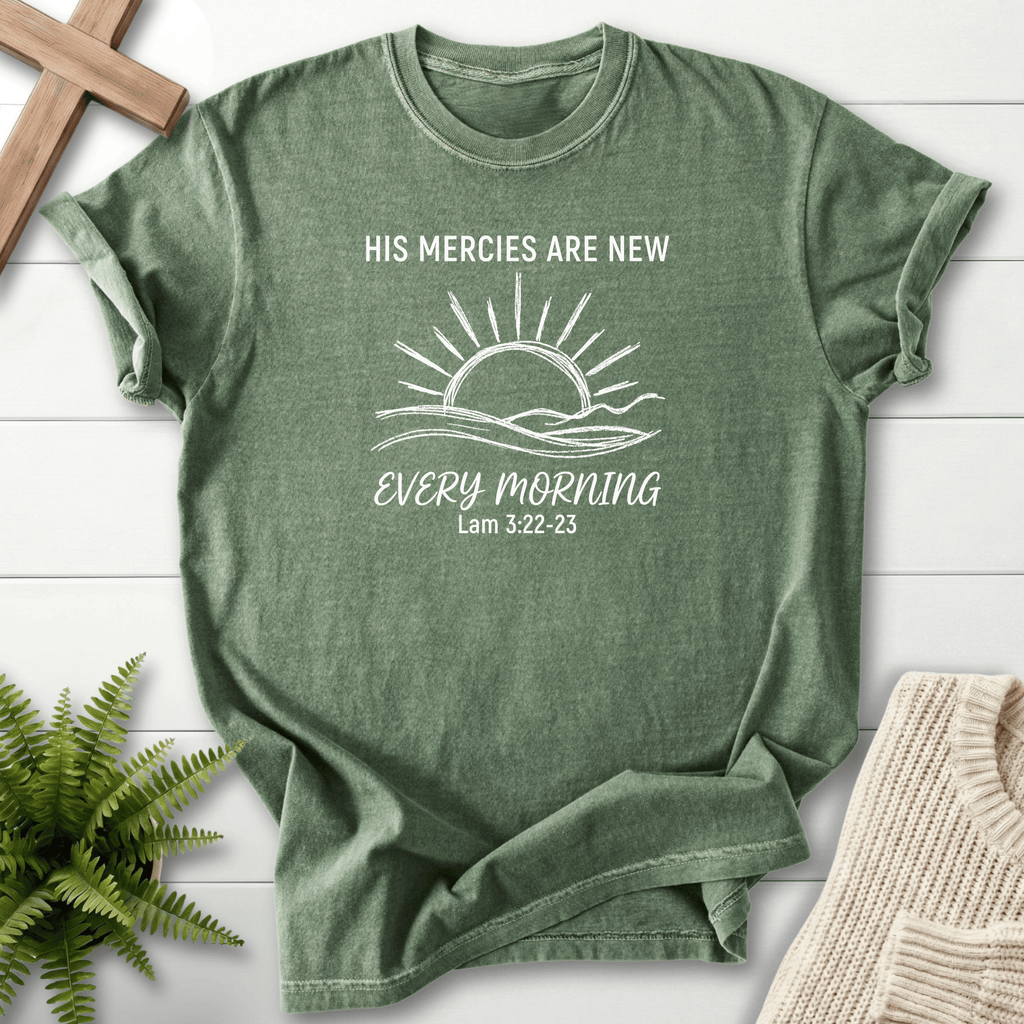 Moss women's Christian t-shirt with sunrise silhouette, inspired by Lamentations 3:22-23.