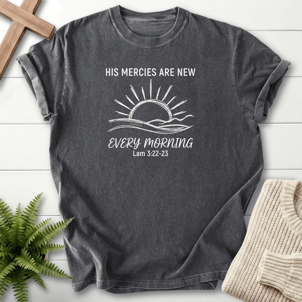 Pepper women's faith t-shirt with a clean sunrise illustration and bold scripture lettering, inspired by Lamentations 3:22-23.