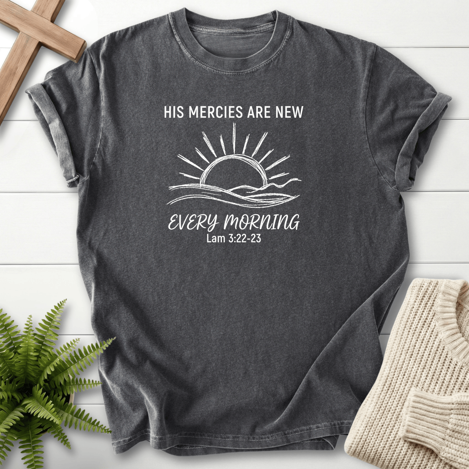 Pepper women's faith t-shirt with a clean sunrise illustration and bold scripture lettering, inspired by Lamentations 3:22-23.