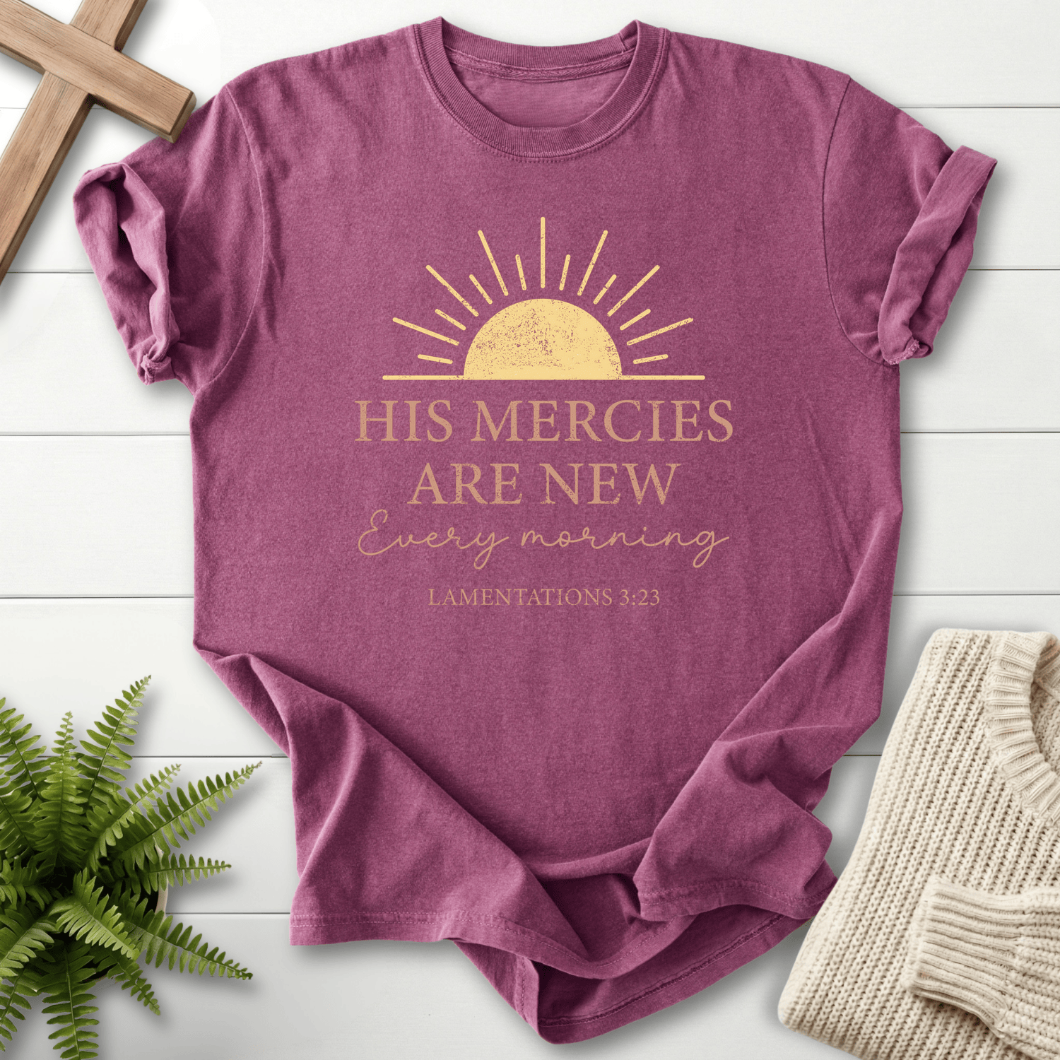 Berry women's Bible verse tee with distressed sunrise artwork and "His Mercies Are New Every Morning," inspired by Lamentations 3:23.