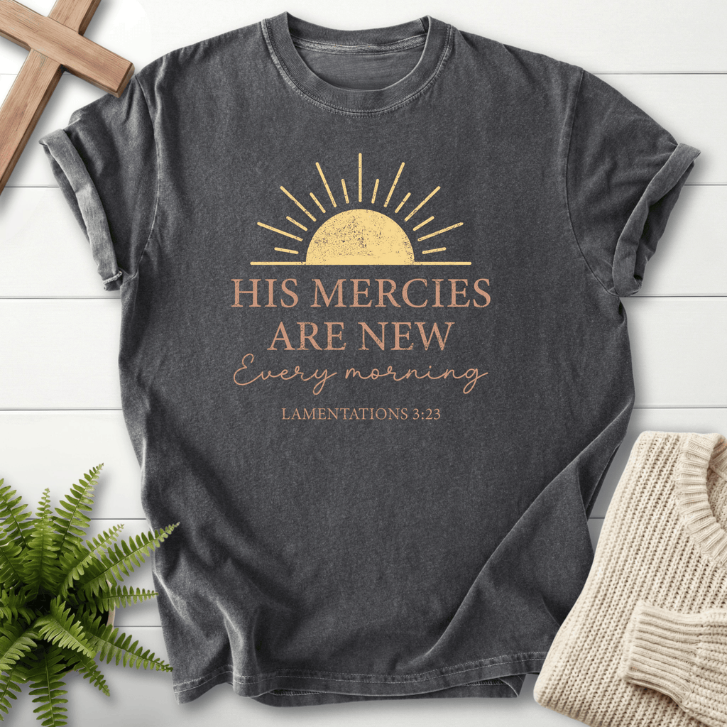 Pepper women's Christian t-shirt with vintage sun art and "His Mercies Are New Every Morning," inspired by Lamentations 3:23.