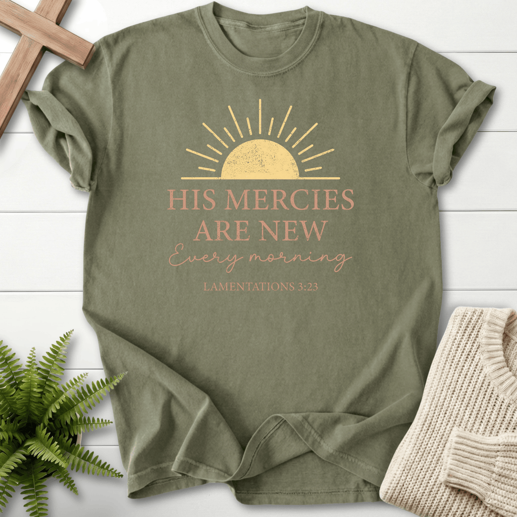 Sage women's Scripture shirt with a golden sunrise and vintage typography, inspired by Lamentations 3:23.